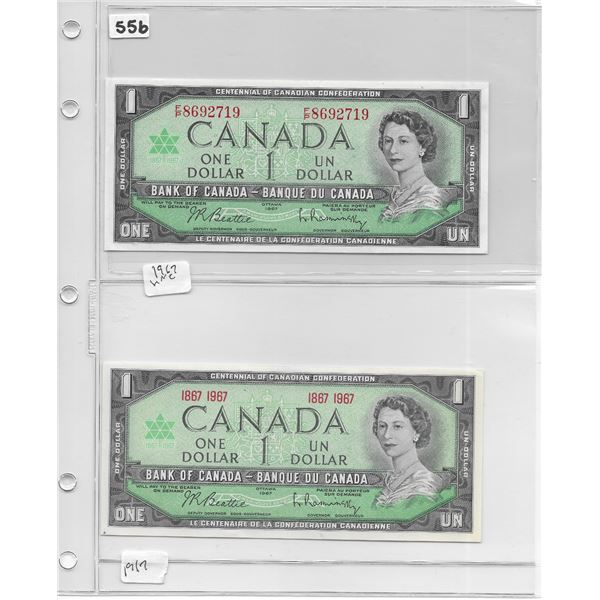 Canadian 1 dollar bill (x2) 1867-1967 Beattie/Rasminsky