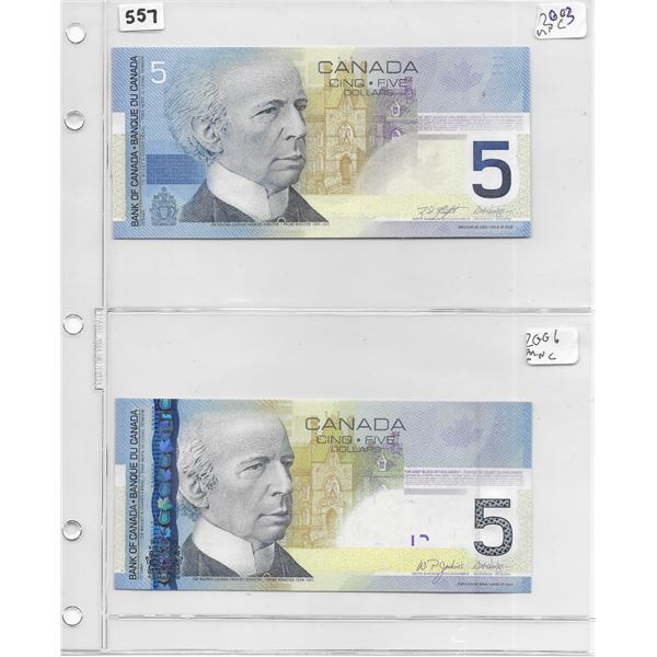 Canadian 5 dollar bill (x 2) 2003 Knight/Dodge/2006 Jenkins/Dodge