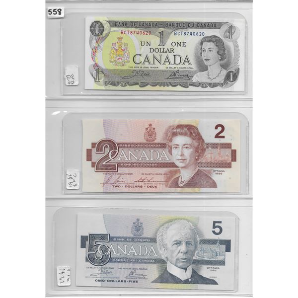 Canadian 1 dollar bill 1973, Canadian 2 dollar bill 1986 &Canadian 5 dollar bill 1986