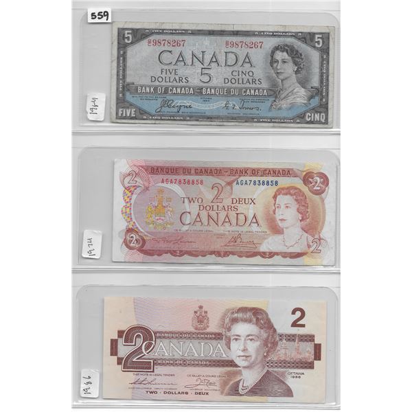 Canadian 5 dollar bill 1954 Coyne/Towers, Canadian 2 dollar bill 1974 Lawson/Bouey, Canadian 2 dolla