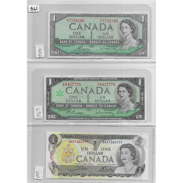 Canadian 1 dollar bill 1954 Bouey/Rasminsky, Canadian 1 dollar bill 1967 Beattie/Rasminsky, Canadian