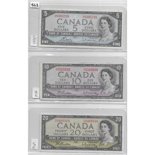 Canadian 5 dollar bill 1954 Bouey/Rasminsky, Canadian 10 dollar bill 1954 Beattie/Rasminsky, Canadia