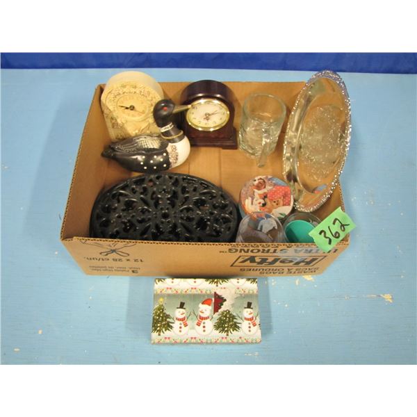 box with clocks, silver style tray, Loon Bank, Etc