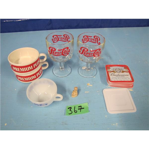 Pepsi-Cola glasses, Budweiser coasters, Etc