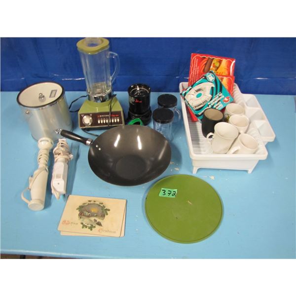 kitchen items, frying pan, blender, dish rack, etcetera