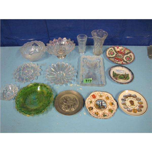 iridescent glassware, collector plates, vases