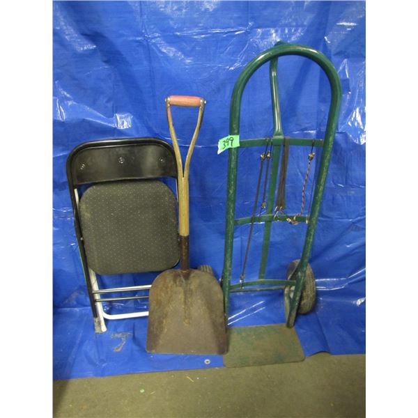 two wheel dolly, shovel, two folding chairs