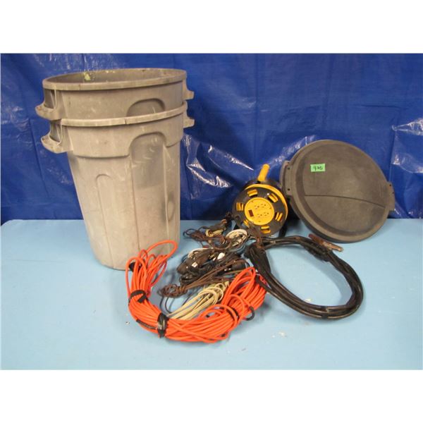 two garbage cans with extension cords, booster cables Etc