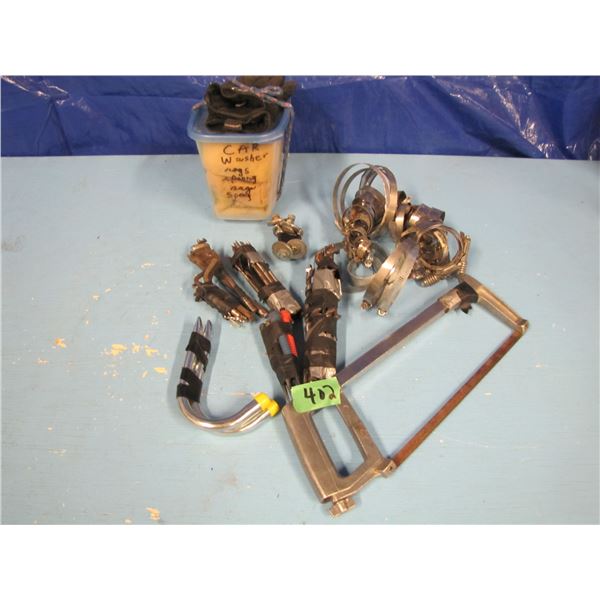 hose clamps, hacksaw, wood bits, Etc