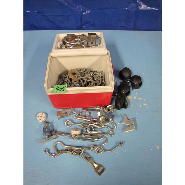Coleman cooler with chain, padlocks, turnbuckles Etc