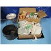 Image 1 : canning lids, small canner with repair, partial fruit press