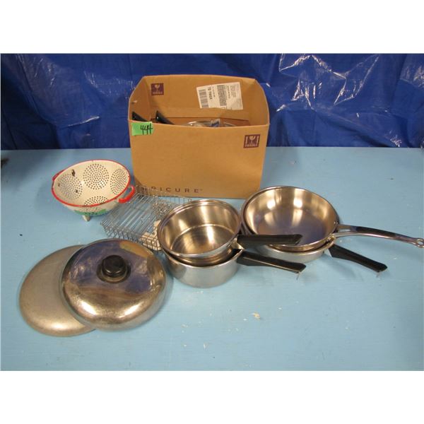 pots and pans, enamelware colander