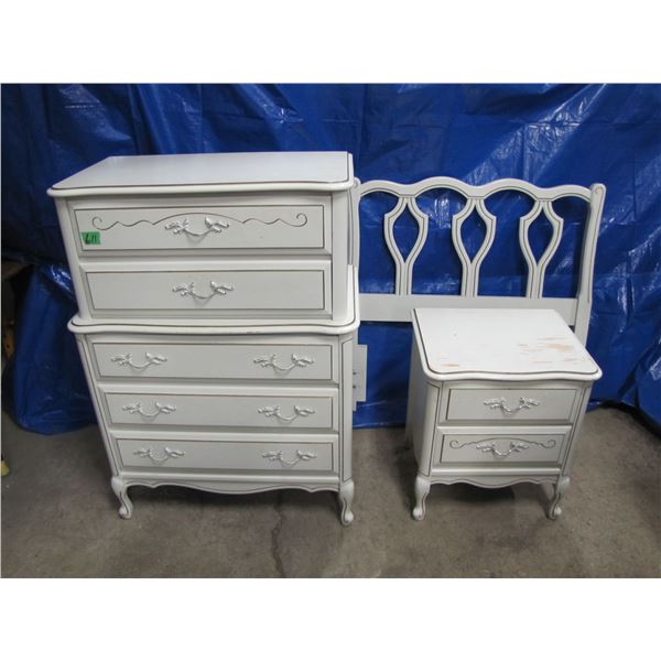 white with gold accents bedroom suite: single headboard, nightstand, and dresser. some of the paint 