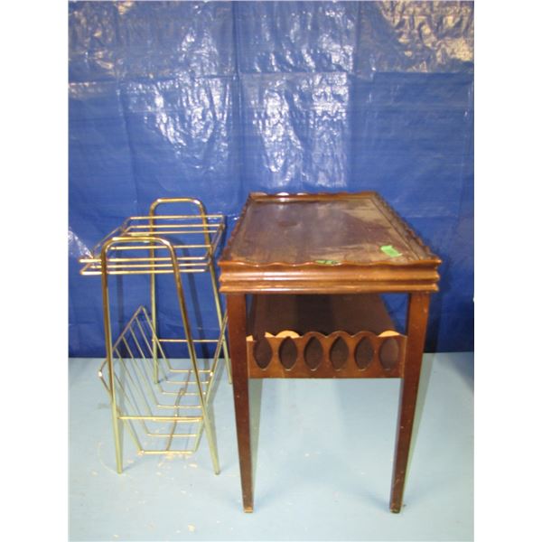 wooden end table and metal frame magazine rack