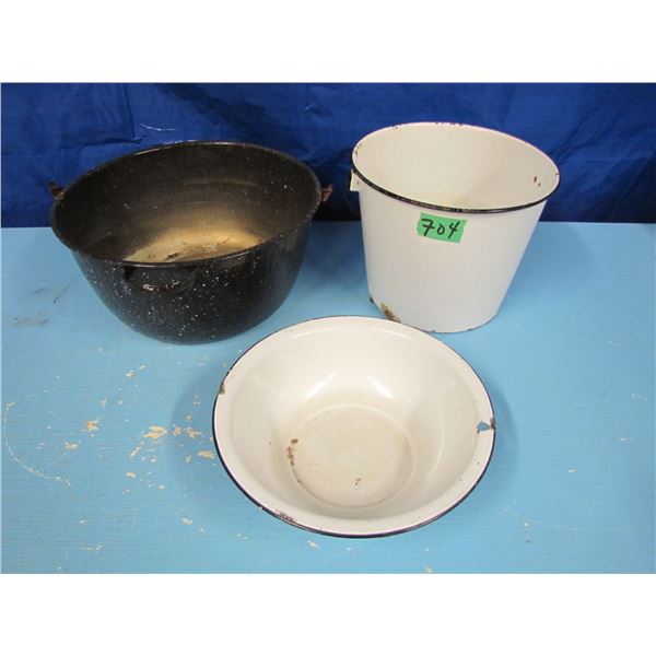 enamelware pail and basin and granite ware pot