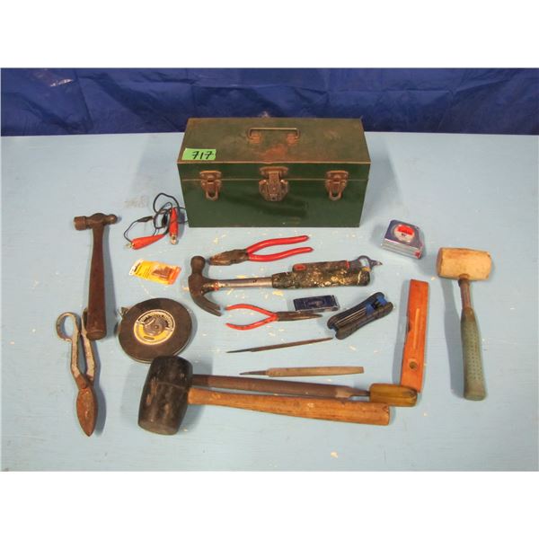 metal tool box with hammers, tape measures Etc