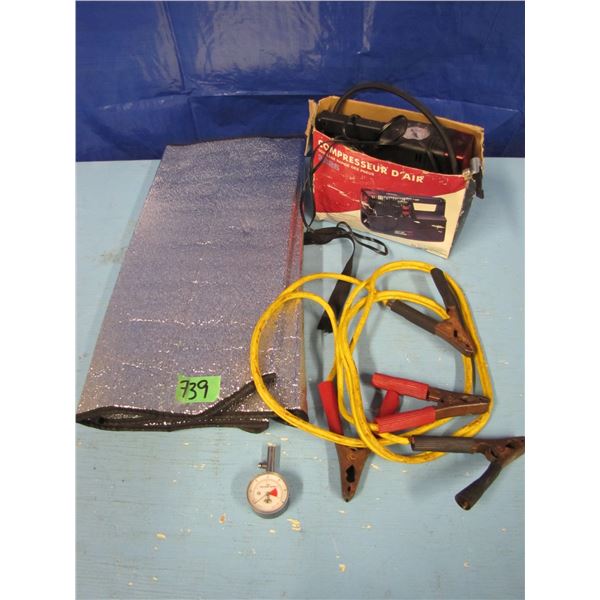 booster cables, air compressor, sunscreen