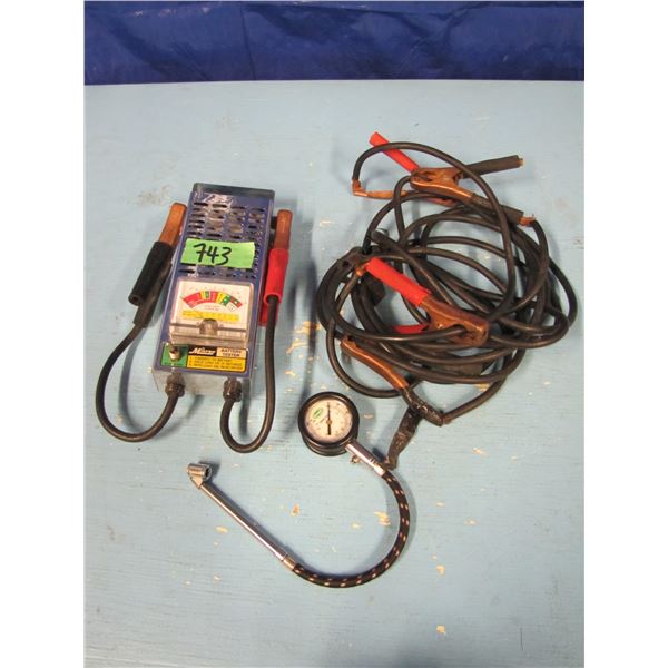 battery tester, booster cables, tire gauge