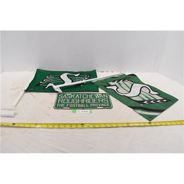 Sakatchewan Roughriders Staff Parking Plate (1980?) with Rider Flags