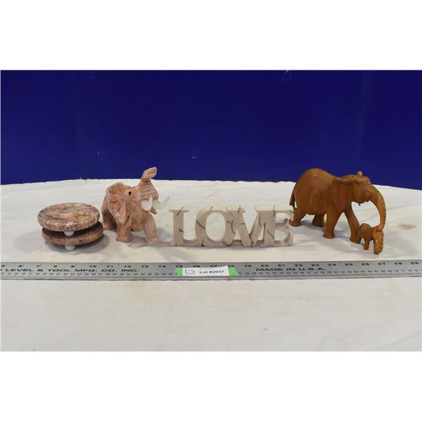 Stone & Wooden Elephant Ornaments & Love Sign