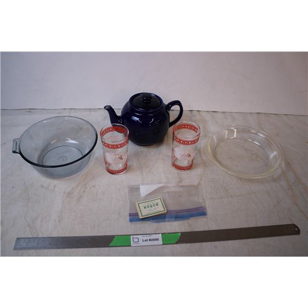 Blue Teapot, pair of 1967 centennial glasses, Pyrex Bowl + Pie Plate, Nabob Coupons (60’s)