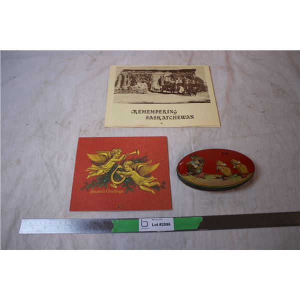 vintage rileys toffee tin, 78-79 Regina calendar (like new), 80-81 Pioneer Archive Calendar