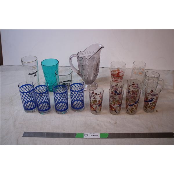 Vintage Purple Glass Pitcher (chipped on bottom) with assorted glasses - roughrider + coke cups