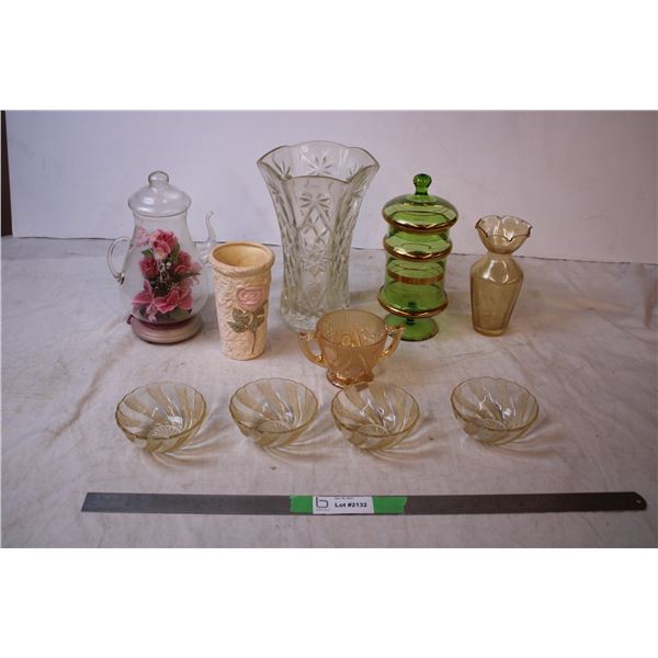 Peach Lustre colored glassware, green + gold tall candy dish?