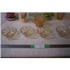 Image 5 : Peach Lustre colored glassware, green + gold tall candy dish?