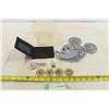 Image 1 : Vintage Canadian Wooden Nickels, leather wallet,  Metal Mickey Mouse trivet, pins