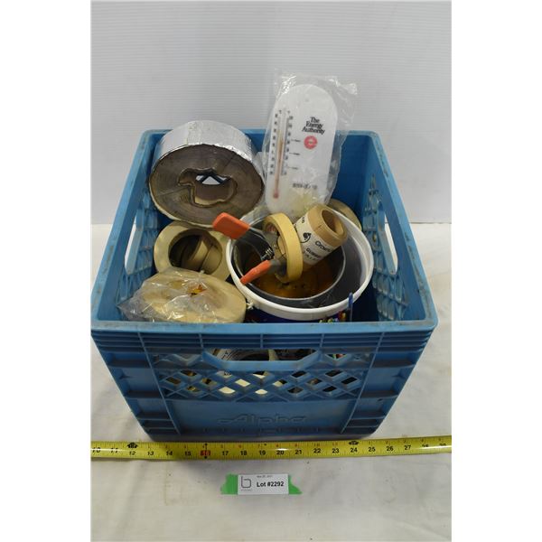 Crate of Tape, vintage stir sticks & Misc. Items