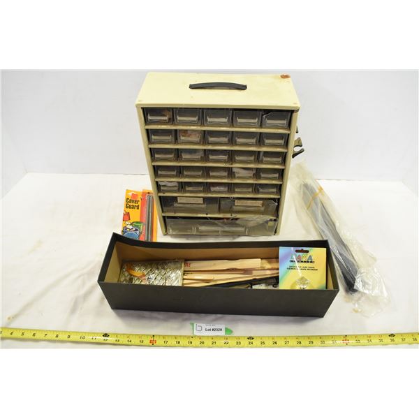 Metal Supply Shelf, Box w/ Misc. Garage Items
