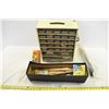 Image 1 : Metal Supply Shelf, Box w/ Misc. Garage Items