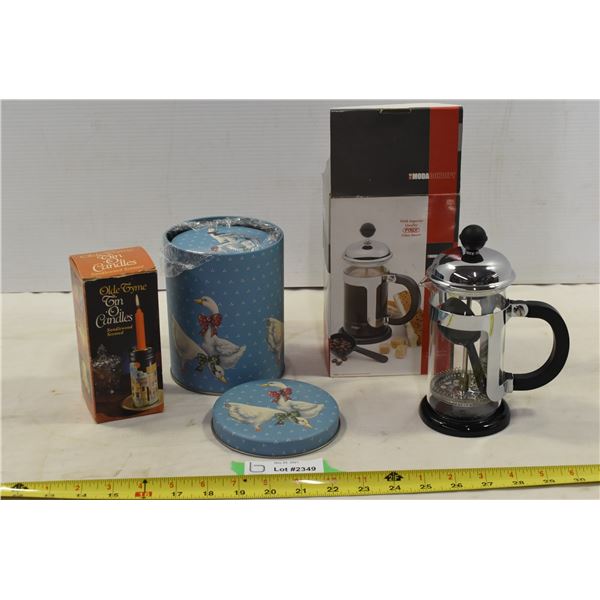 Small French Press, Multiple Swan Tins & Tin Candle