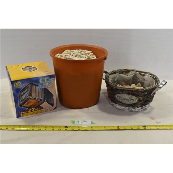 Bucket w/ Chain( for mini fence posts), Basket with Shells, CD Holder