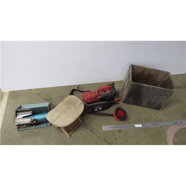 *dirt devil vacuum (working), turner camp stove, wooden crate, misc