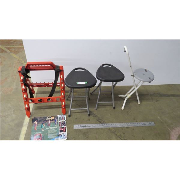 *(3) small folding chairs   golf club carrier