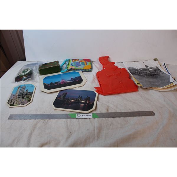 misc. Items; baby book, city landscape photos, Saskatchewan rough rider buttons