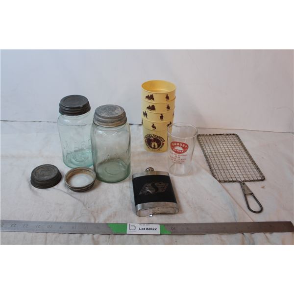 Roughrider flask, Calgary stampede cups, vintage mason jars, misc
