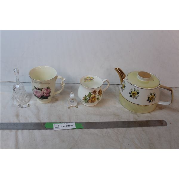 Ceramic tea pot and cups, crystal bell