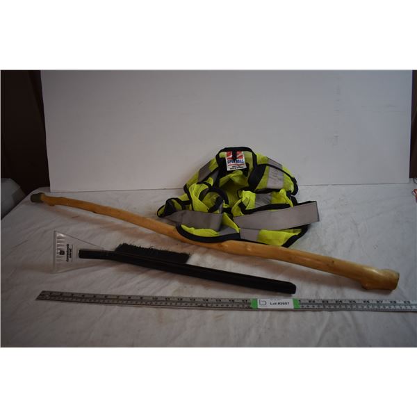 Wooden Cane, Snow Scraper, and Safety Vest