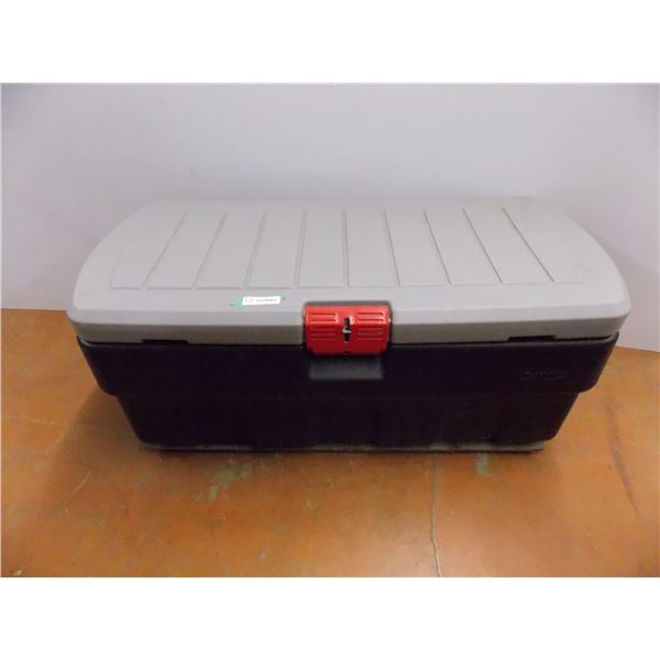 *Large plastic Tote (truck box style?) with wooden board mounted on bottom + contents (welding helme