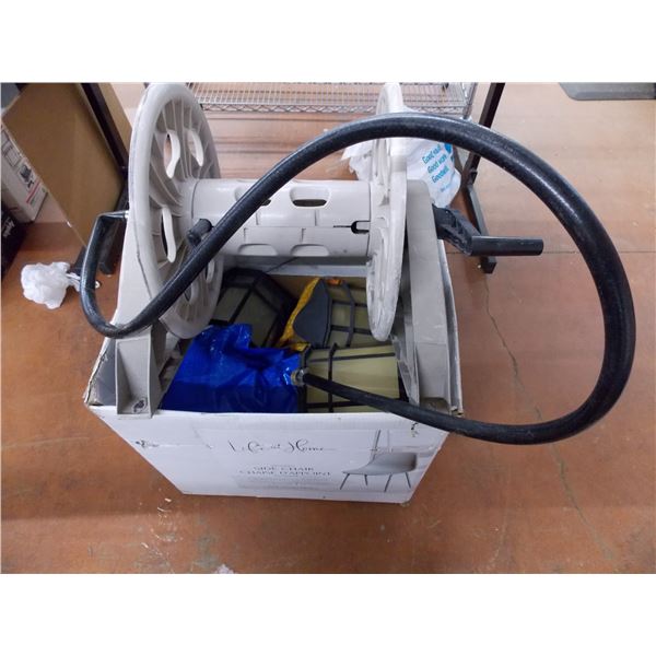 *Box of outdoor items - ball hitches, garden hose spool, lights, tow rope (damaged end) misc
