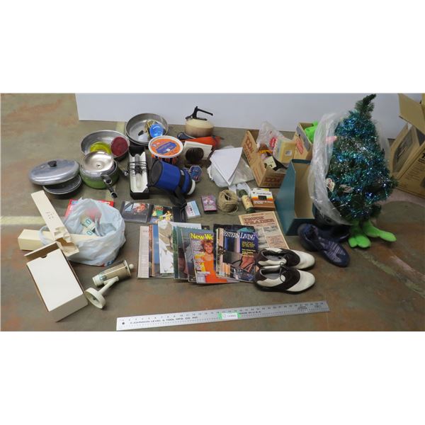 *pots, pans, kitchenware, magazines, etonic cleats, misc + christmas tree