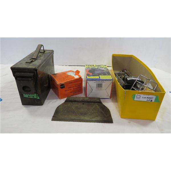 small metal ammo box, power adapter, misc