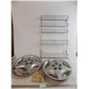 Image 1 : (4) plastic Chevy hubcaps - NGK Sparkplugs, metal display rack