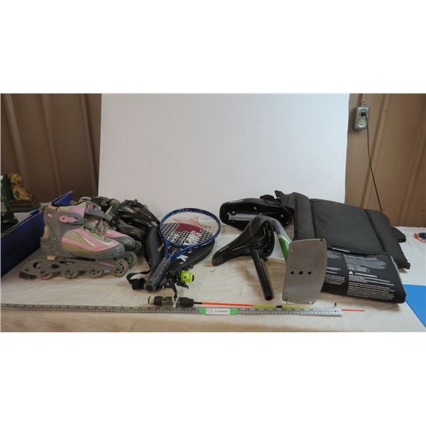kids roller skates, super K racket, lava seat, bike seats, misc
