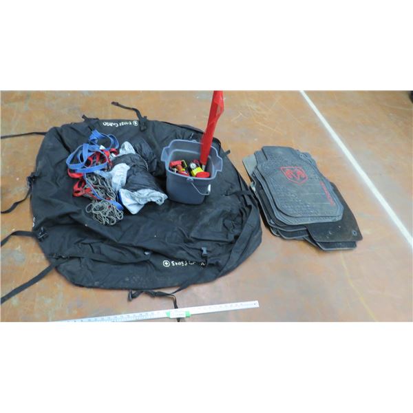 large cargo bag, tie down straps, floor mats