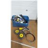 Image 1 : plastic tote with utility tires, christmas lights, misc