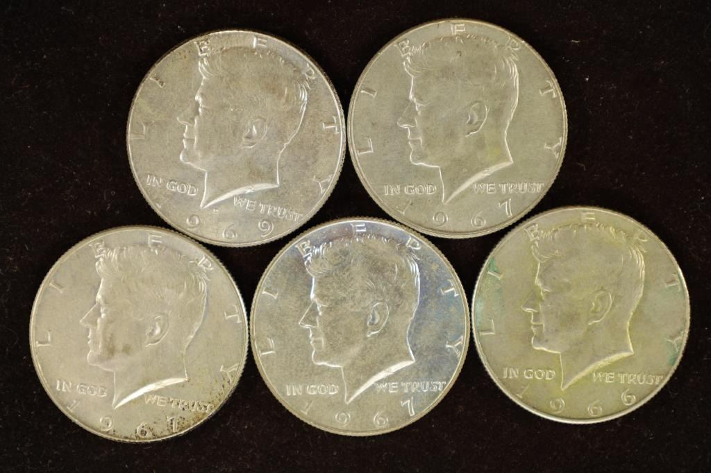 5 ASSORTED 40 SILVER 19661969 KENNEDY HALVES